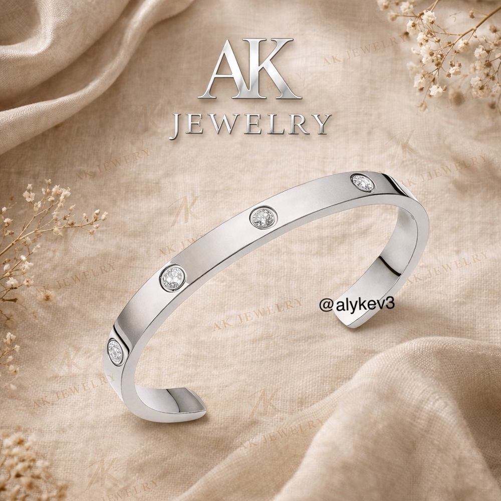 💎LUXURY White Gold Open Style Silver CZ Stones Screw Design Bracelet, Bangle